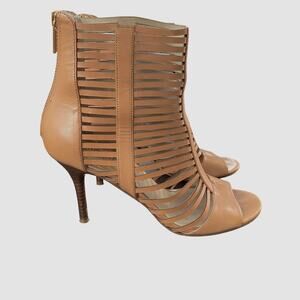 Michael Michael Kors Odelia Leather Peep Top Tan Zip Back Heels 8.5